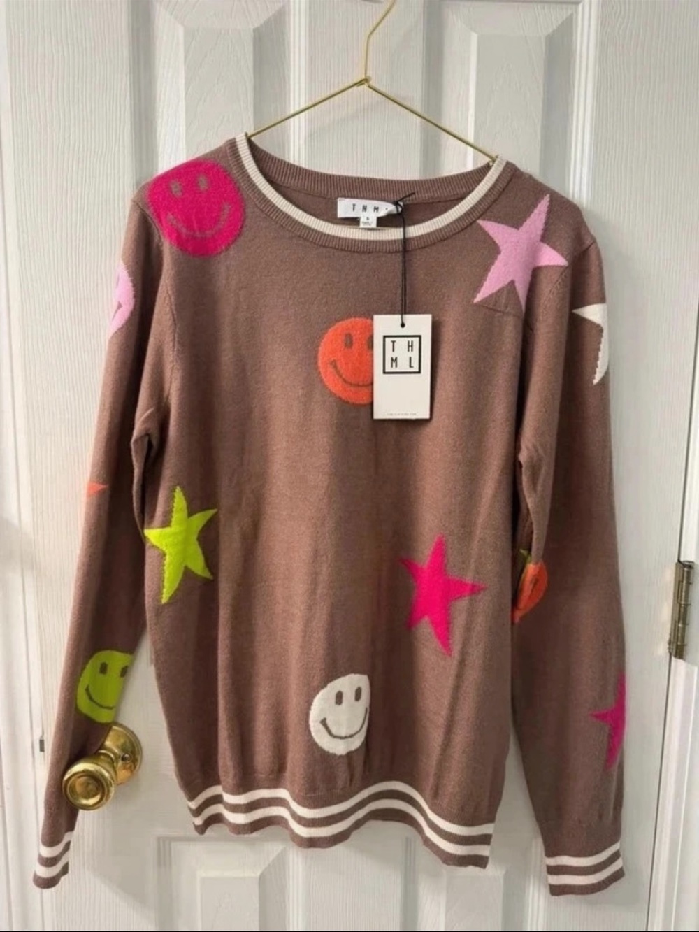 THML Brown Crewneck Sweater with Colorful Smiley & Star Motifs